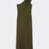 Vestido de um ombro só em cetim brilhante, verde musgo Vestido de um ombro só em cetim brilhante, verde musgo