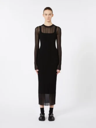 Vestido de viscose elástica de manga curta, preto