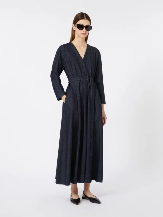 Vestido em ganga de algodão com cinto, azul ultramar Vestido em ganga de algodão com cinto, azul ultramar