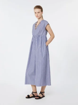 Vestido em linha A em popeline de algodão, azul-marinho