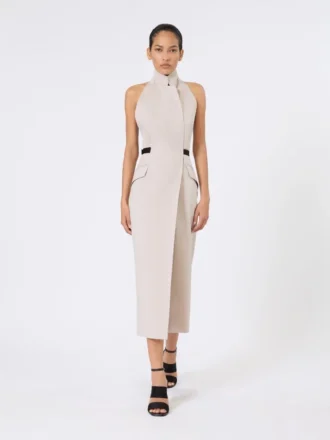 Vestido em lona de lã e algodão, bege