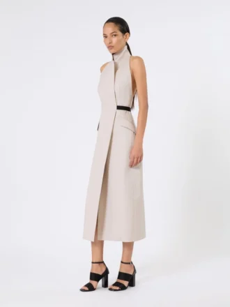 Vestido em lona de lã e algodão, bege