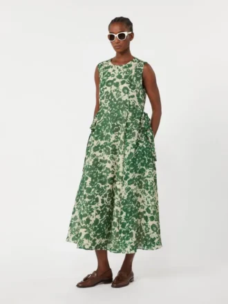 Vestido em lona de rami estampada, verde