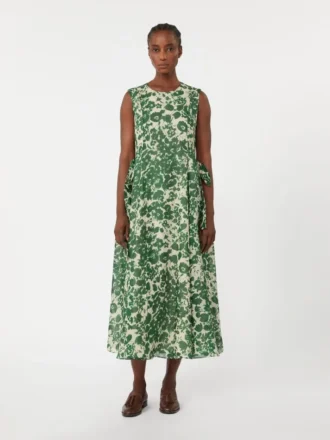 Vestido em lona de rami estampada, verde