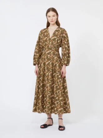 Vestido em popeline de algodão estampado, natural
