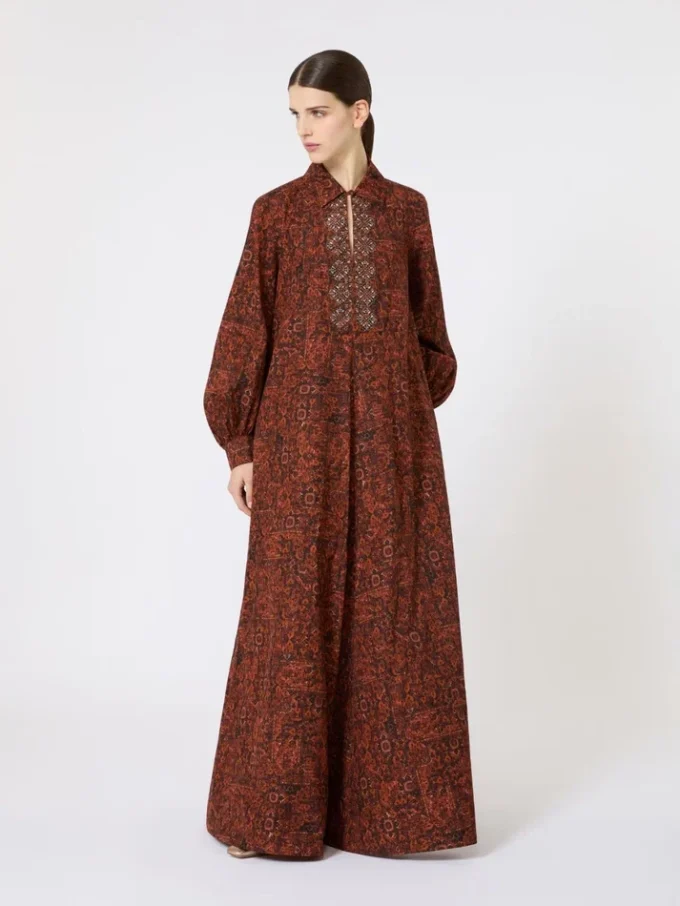 Vestido kaftan em algodão estampado, cor caramelo