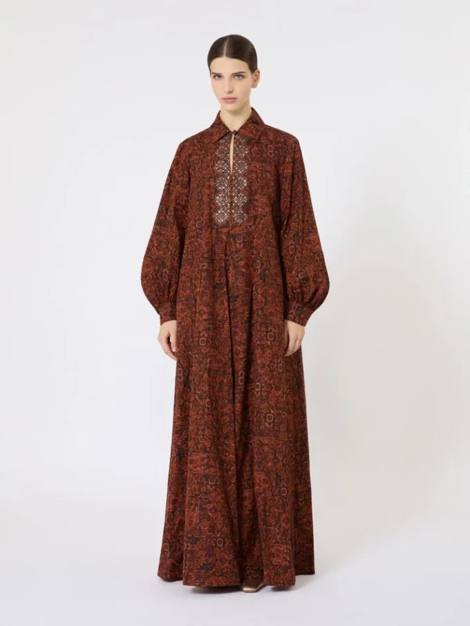 Vestido kaftan em algodão estampado, cor caramelo