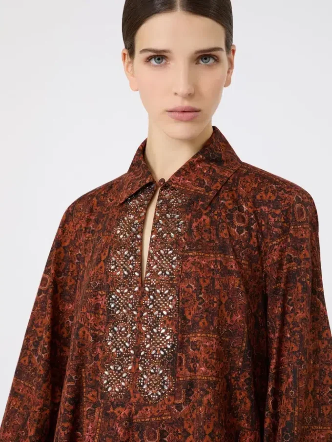 Vestido kaftan em algodão estampado, cor caramelo