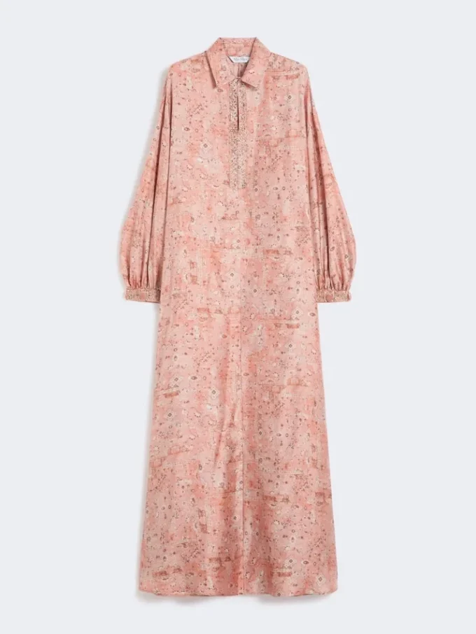 Vestido kaftan em sarja estampada, cor de coral