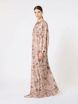 Vestido longo com corte em V e estampa lama, ouro rosa