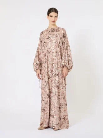 Vestido longo com corte em V e estampa lama, ouro rosa