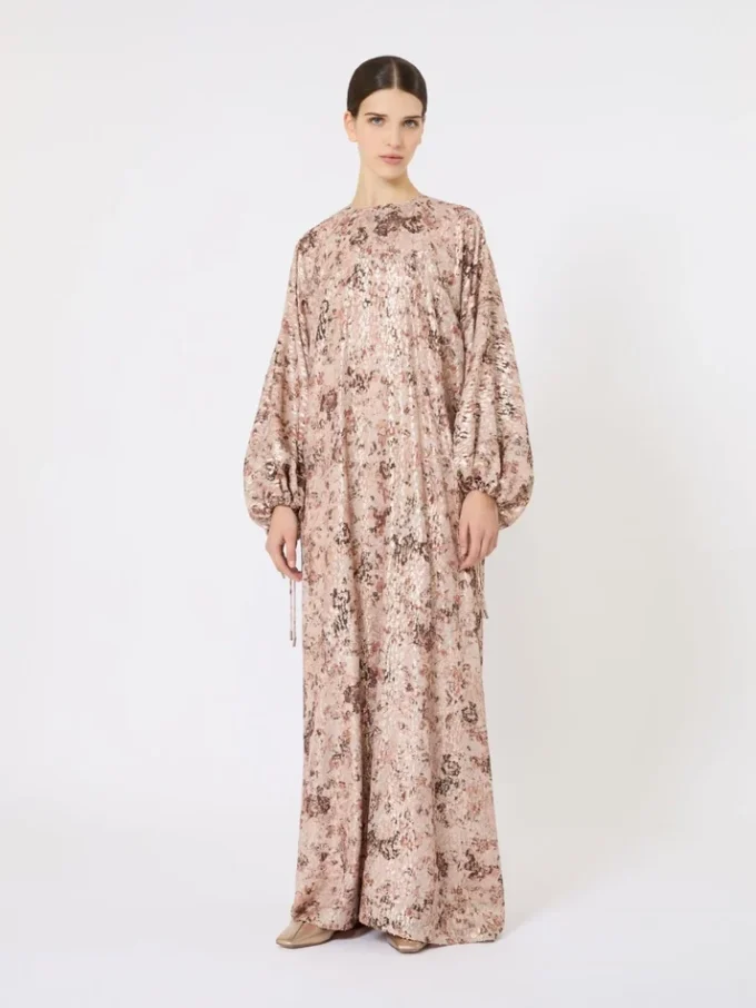 Vestido longo com corte em V e estampa lama, ouro rosa Vestido longo com corte em V e estampa lama, ouro rosa