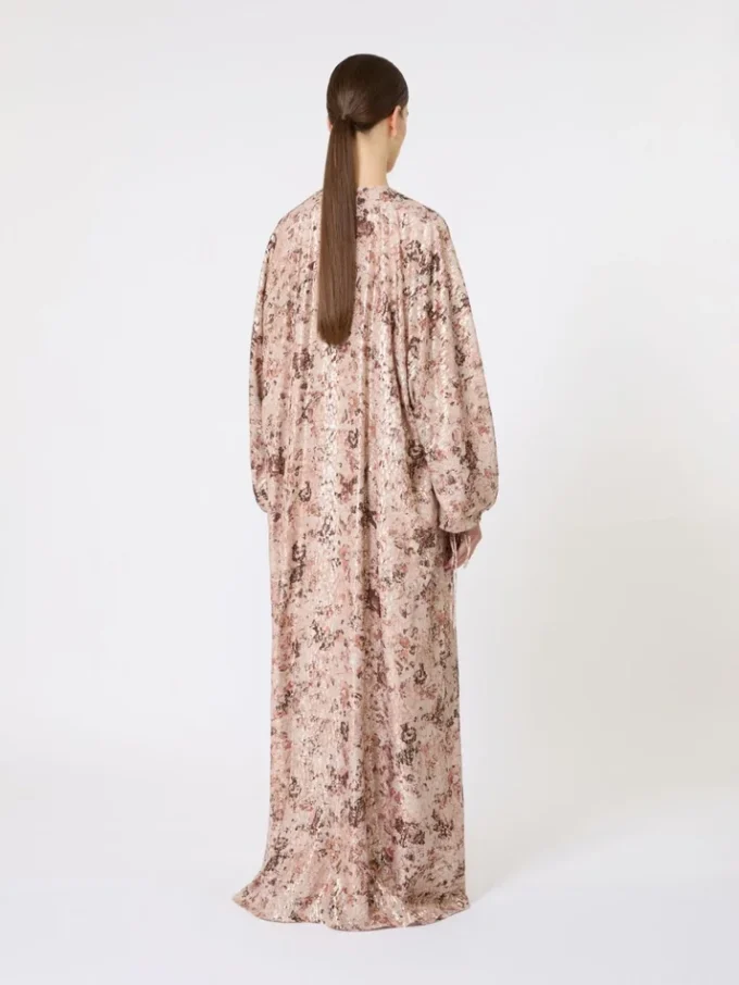 Vestido longo com corte em V e estampa lama, ouro rosa Vestido longo com corte em V e estampa lama, ouro rosa