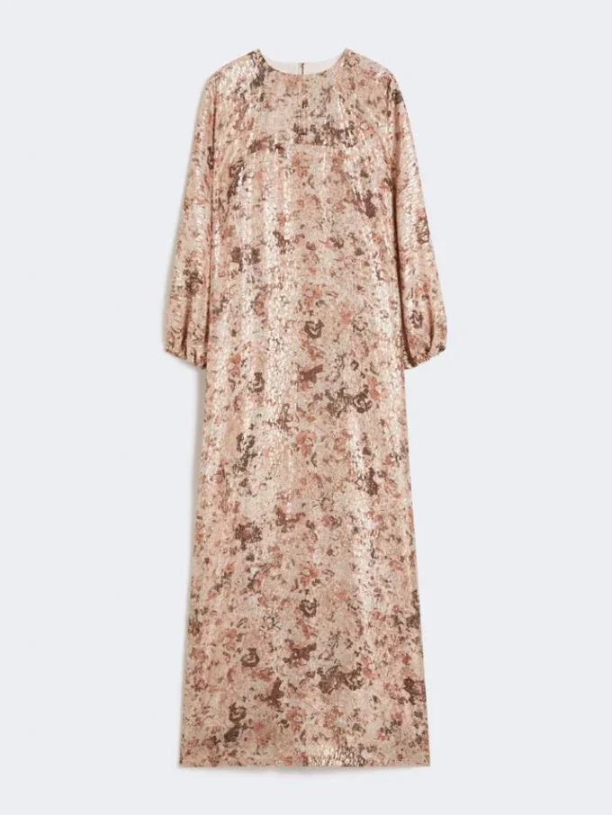 Vestido longo com corte em V e estampa lama, ouro rosa Vestido longo com corte em V e estampa lama, ouro rosa