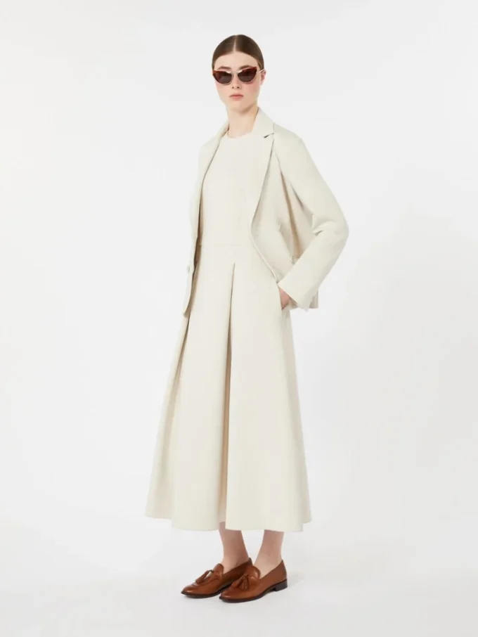 Vestido longo de jersey scuba com corte evasê, bege