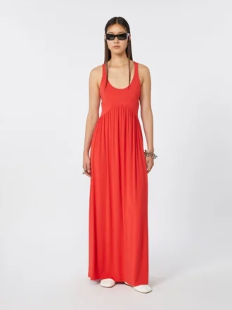 Vestido longo em jersey de crepe, cor de coral