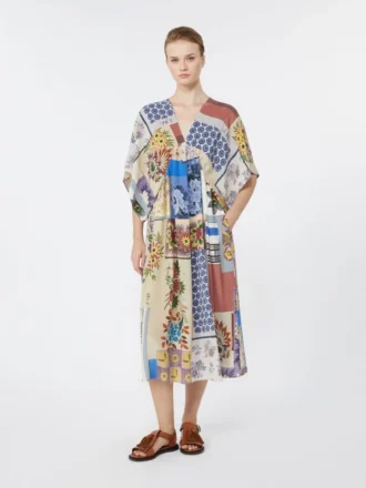 Vestido midi em crepe de seda estampado, multicolorido