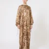 Vestido túnica em seda estampada, dourado