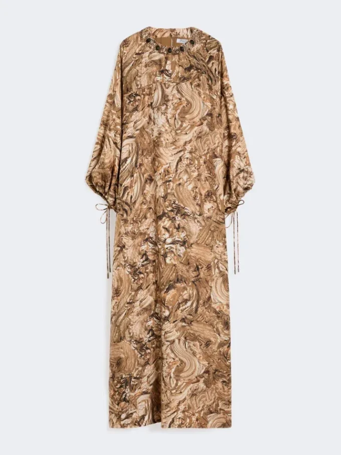 Vestido túnica em seda estampada, dourado